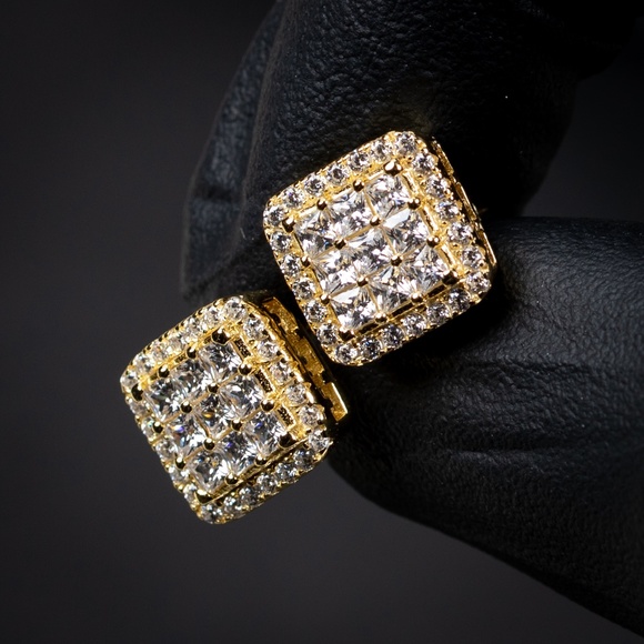 Mens 14K Gold Sterling Silver Screw Back 3D Square Princess Cut Stud Earrings - Picture 1 of 5